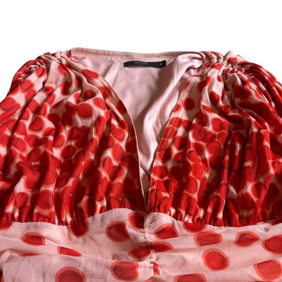 Vertigo Polka Dot Mesh Smocked Dress V-Neck Sleeveless Red Stretch Size Medium - Picture 2 of 12